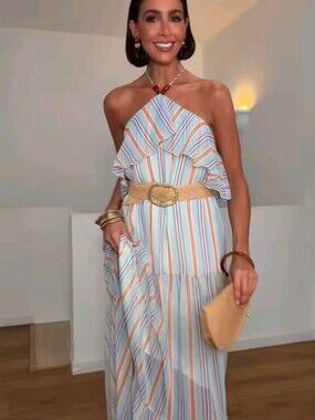 Women Striped Halter Sexy Maxi Dress Elegant